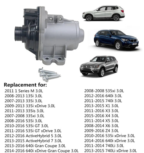 BMW Replacement Electric Engine Water Pump With Bolts For 3.0L I6 Engines with compatible car models.