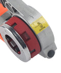 Close-up of the Portable Electric Pipe Threader Kit With Six Top Tier Dies showing the die attachment and warning label.