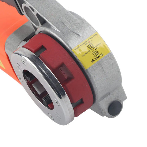 Close-up of the Portable Electric Pipe Threader Kit With Six Top Tier Dies showing the die attachment and warning label.