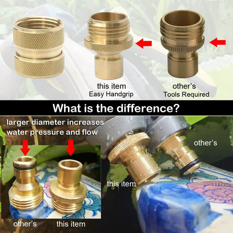 Comparison of Brass 4-Piece Quick Connect Garden Hose Fittings, 2 Sets with grippy handles, no tools needed against standard fittings.