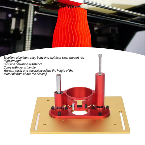 Router Lift System Kit With Bulletproof Base Plate Insert For Woodshop Tables Precise Bit Adjustment No Sweat Operation with red crank handle.