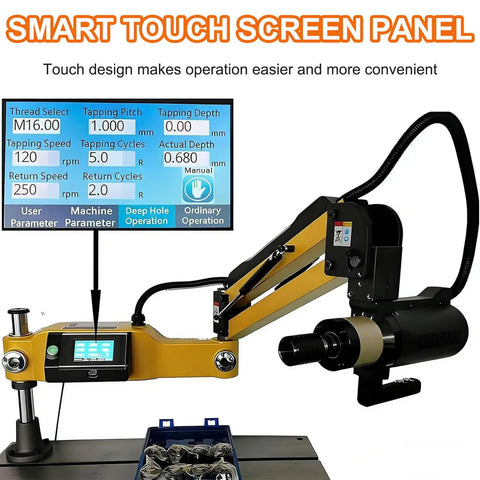 Heavy Duty Electric Tapping Machine With 600RPM Speed And 1000MM Flexible Arm with smart touch screen for easy operation.
