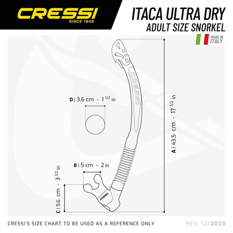 Technical diagram of Itaca Ultra Dry Snorkel with dimensions and labels for adult size.
