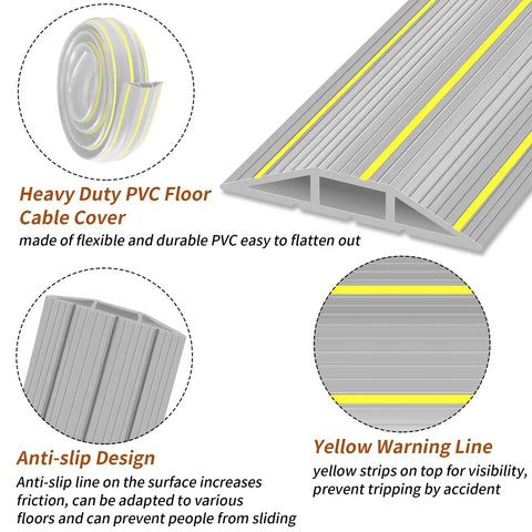 Heavy Duty Ten Foot Floor Cord Cover With 3 Channel PVC Cable Protector showcasing anti-slip and yellow warning lines