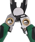 Close-up of SASKATE 8 In 1 Wire Stripper Pliers With Voltage Tester, showing crimping jaws and ergonomic handles.
