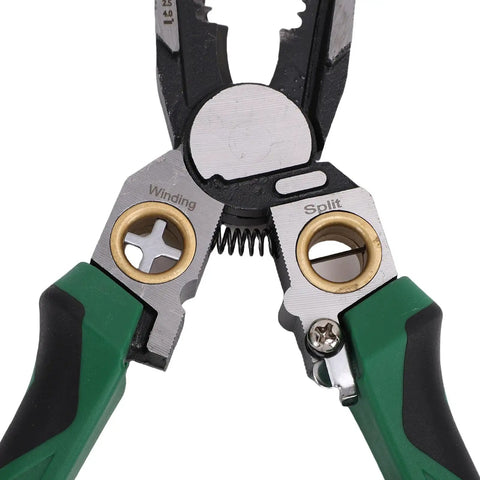 Close-up of SASKATE 8 In 1 Wire Stripper Pliers With Voltage Tester, showing crimping jaws and ergonomic handles.
