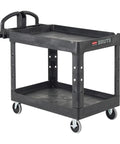 Top Tier Heavy Duty Two Shelf Utility Cart With Durable Structural Foam Lipped Trays And Smooth Glide Handles 500 Lb Capacity side view on wheels