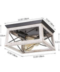 2-Light Farmhouse Ceiling Light Fixture Semi Flush Mount In White, Rectangular Rustic Lighting For Hallway Foyer And Entryway, 11 Inch, E26 Base, Industrial Iron Frame With Faux Wood Grain Finish, side view with dimensions