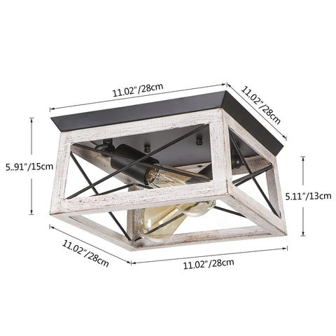 2-Light Farmhouse Ceiling Light Fixture Semi Flush Mount In White, Rectangular Rustic Lighting For Hallway Foyer And Entryway, 11 Inch, E26 Base, Industrial Iron Frame With Faux Wood Grain Finish, side view with dimensions