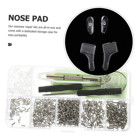 On The Go Eyeglass Repair Kit With Screws Nose Pads And Handy Multitools For Eyewear Watches And Jewelry Repair Keeps Your Specs Fixed Anywhere You Are, shown with tools and screws in a compact case.