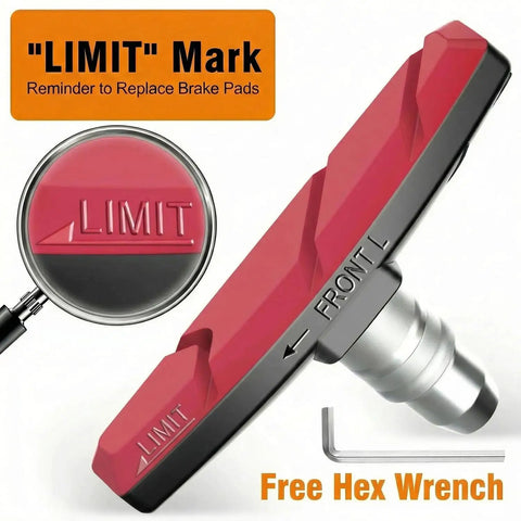 Close-up of red Bike Brake Pads Set for Road and Mountain Bikes, showing 'LIMIT' mark, hex wrench, and shims for quiet braking.