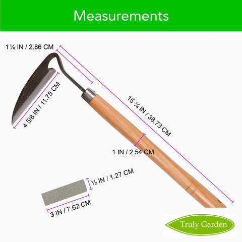 Root Cutting Weeding Sickle With Thick Leather Sheath And Sharpening Stone, ergonomic handle, detailed measurements