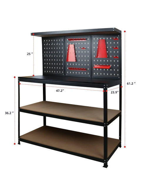 47 Inch Workbench With Pegboard And Double Storage Platform, Multipurpose Tool Organizer For Garage Workshop And Home Projects
