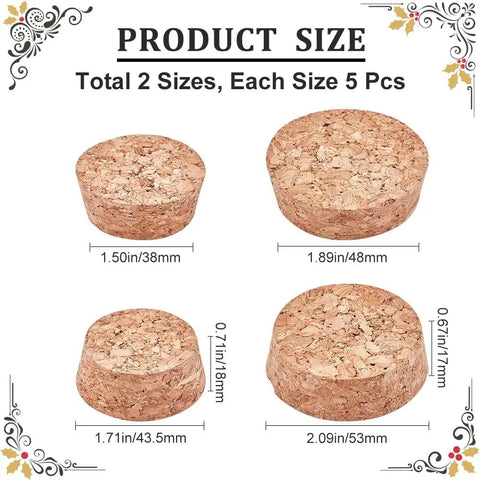 Two Size Wood Cork Plugs 10 Pack Large Tapered Wooden Stoppers For Wine Beer And Glass Bottles Ornaments Natural Soft Wood Replacement Ideal For DIY Projects Bottle Displays And Bottle Ornaments Crafting showing size dimensions