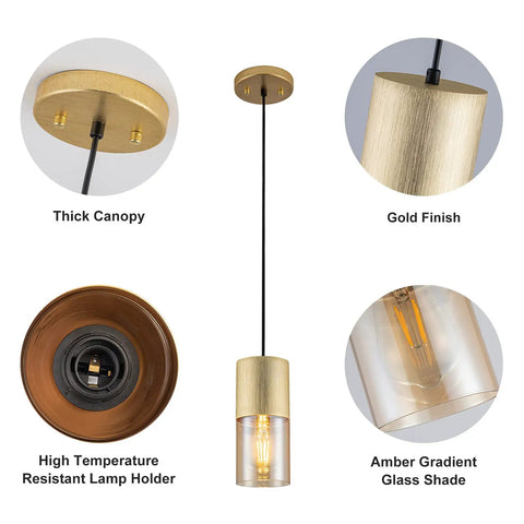 Dope Gold Pendant Lights 3 Pack Mini Modern Amber Glass Fixtures with thick canopy, gold finish, and amber gradient shade details.