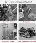 Four cleaning challenges: water turbulence with a mop, tool clutter with brooms, storage issues, and rags placed indiscriminately.