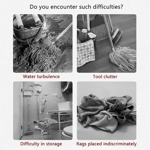 Multiple images showing cleaning challenges like water spills, tool clutter, storage issues, and misplaced rags.