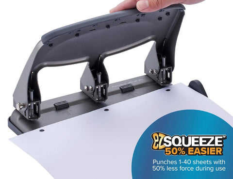 Heavy Duty 3 Hole Punch For Home Office And School With EZ Squeeze One Touch Reduced Force 40 Sheet Capacity in use