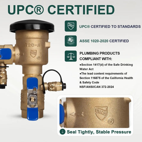 Brass 3/4 Inch Pressure Vacuum Breaker Backflow Preventer, 400 PSI Max, Pro Grade Sprinkler System Part, UPC Certified, ASSE 1020-2020 Compliant
