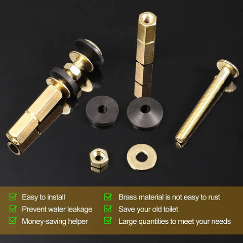 Heavy Duty Toilet Tank Bolt Kit 4 Pack Stainless Bolts Brass Nuts Easy Install with visible brass nuts and rubber washers