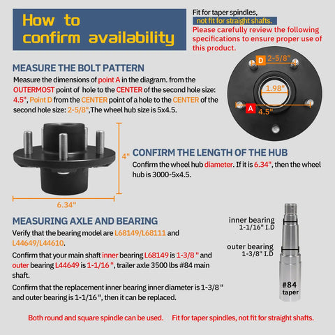 Diagram showing measurements and compatibility for Two Pack Heavy Duty Trailer Hub Kit For 3500 Lb Trailers, 5 Lug 4.5 Inch Bolt Pattern.