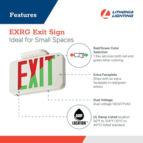 Single-Sided LED Exit Sign With Thermoplastic Housing And Switchable Red Or Green, AC Powered, Includes Extra Faceplate