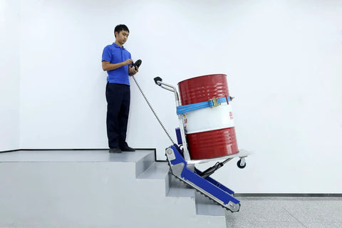 Heavy Duty Powered Electric Track Stair Climber Hand Truck Dolly with Joystick moving a barrel down stairs safely.