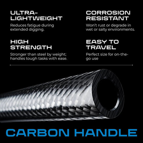 Close-up of a carbon handle for the Lightweight Carbon Fiber Camp Shovel With D Handle, 28 Inch Portable Digging Shovel.