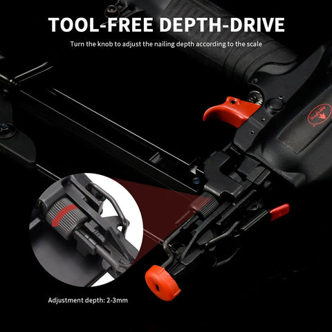 Pro Grade 16 Gauge Finish Nailer Gun Featuring One To Two And Half Inch Capacity And Lightning Fast Ninety Shots Per Minute showing tool-free depth-drive adjustment.