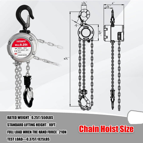Manual Chain Hoist 0.25 Ton 550 Lbs Capacity 10 Foot Lift 360 Degree Rotatable Chain Block With Dual Safety Hooks diagram