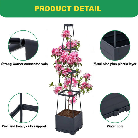 Two Pack Raised Garden Bed With Tomato Cages And Trellis, 57 Inch Self Watering Planter Box with pink flowers displayed