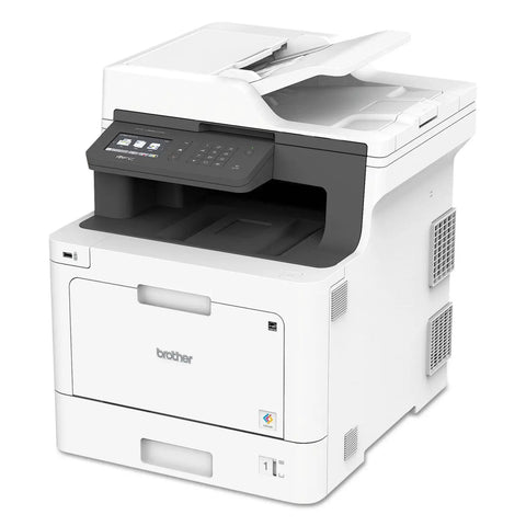 Heavy Duty Color Laser All In One Printer With Smooth Wireless Networking Auto Duplex Printing Mobile Scanning Alexa Ready For Crushing Your Daily Workload In Crisp White Finish, front view with control panel.