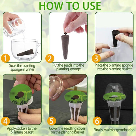 Instructional diagram for All In One Indoor Garden Seed Pod Kit For Hydroponics Systems, 73 Piece Set step-by-step use.
