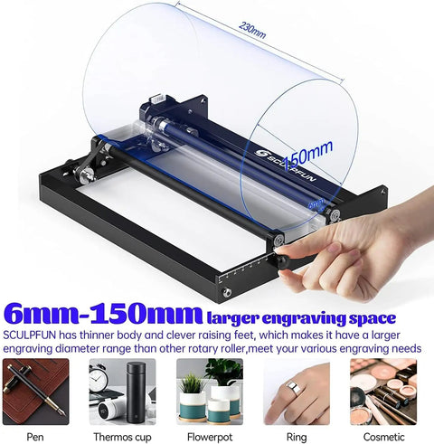 Plug And Play Laser Rotary Roller For Y Axis Engravers, 360 Degree Rotating Cylinder Attachment, adjustable 6-150mm engraving setup.