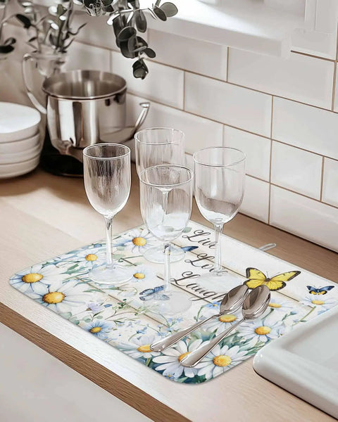 Pastoral Daisy And Butterfly Dish Drying Mat For Kitchen White Wood Grain Absorbent Counter Pad Soft Polyester For Dishes Utensils Pots And Camping 18 By 24 Inches
