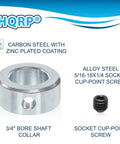 Real Deal Four Pack Three Quarter Inch Bore Solid Steel Shaft Collars With Heavy Duty Zinc Coating And Reliable Cup Point Set Screws Built For Daily Grind Projects, showcasing a zinc-coated 3/4 inch bore shaft collar and cup-point screw.