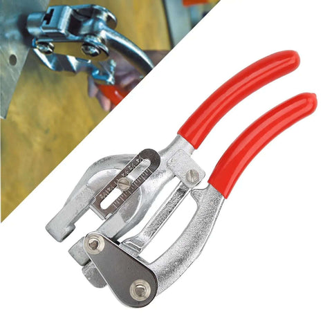 Heavy Duty Handheld Hole Punch Kit for Sheet Metal and More with red handles, adjustable depth, shown in use on metal