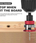 Close-up of Five Piece Countersink Drill Bit Set With Auto Depth Stop And Pilot Drill One Quarter Inch Hex Shank Tungsten Carbide Two Flute Bits In 2.8 3.2 3.5 And 4 Millimeters Built For DIY Woodworking And Metalworking Projects For Pros in use with wood.