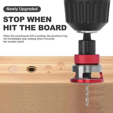 Close-up of Five Piece Countersink Drill Bit Set With Auto Depth Stop And Pilot Drill One Quarter Inch Hex Shank Tungsten Carbide Two Flute Bits In 2.8 3.2 3.5 And 4 Millimeters Built For DIY Woodworking And Metalworking Projects For Pros in use with wood.