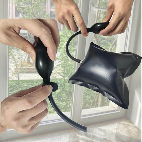 Air Wedge Pump Pro Grade For Cars And Home Projects, Adjustable Auto Leveling Shim Bag with hand inflating near window