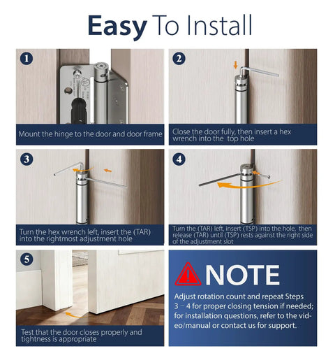Step-by-step installation guide for Beefy 4 Inch Self Closing Door Hinges Set of 2 With Spring Action and One Quarter Inch Radius Corners.