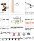 Outdoor Wire Rope Kit 50M PVC Coated One Sixteenth Inch Stainless Steel Cable Setup with assembly instructions and tools