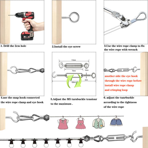Outdoor Wire Rope Kit 50M PVC Coated One Sixteenth Inch Stainless Steel Cable Setup with assembly instructions and tools