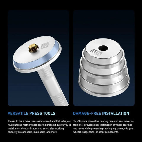 Pro Grade 10 Piece Wheel Bearing Press Kit With Seal Driver And Universal Adapters shown with two press tools.