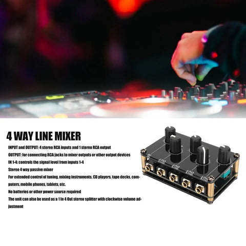 4 way line mixer with 4 stereo inputs and 1 stereo output. Compact 4 Channel Stereo Mixer For Home Studio Use Passive Live Console