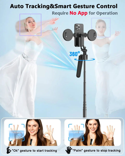 All In One Vlogging Kit For iPhone And Android With 63 Inch Auto Face Tracking Tripod showing gesture control features