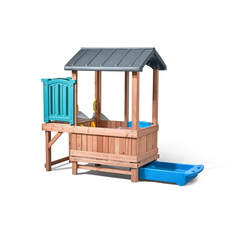 Woodland Adventure Playhouse With Slide And Swings Outdoor Kids Playset For Backyard, durable wood and plastic construction.