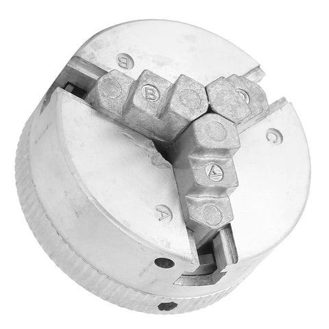 Top Shelf Zinc Alloy Three Jaw Micro Lathe Chuck Featuring Dual Locking Rods For Mini Metal Lathes close-up view showing gripping jaws.