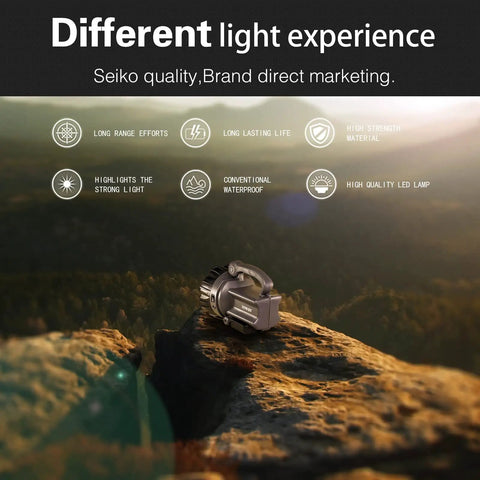 Rechargeable Spotlight With Handle on rocky outcrop, showcasing Ultra Bright LED Searchlight with IPX4 Waterproof feature.
