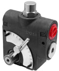 Beefy 3/4 NPT Hydraulic Flow Control Valve With Adjustable Flow And Relief 0 To 30 GPM 500 To 3000 PSI Variable Directional Control Valve For Industrial Hydraulics, front view showing adjustment dial and connectors.